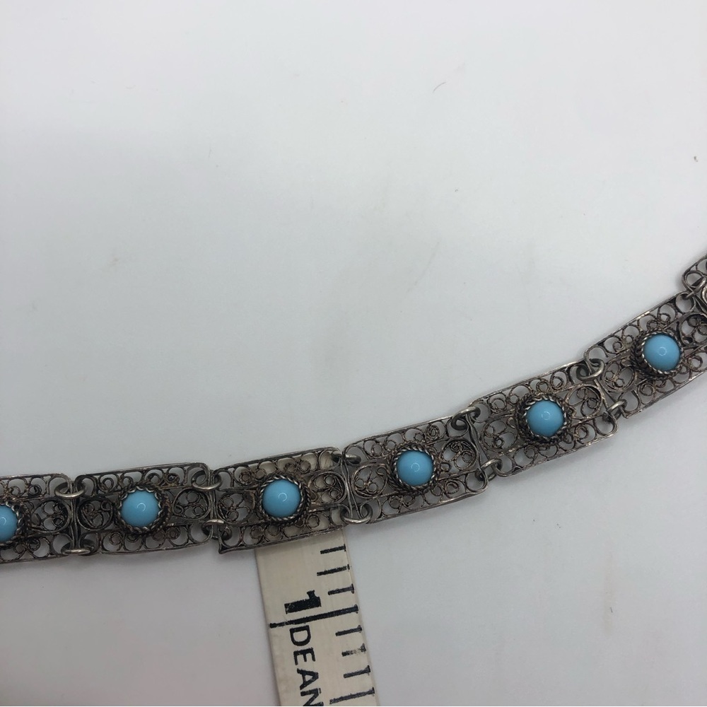 Vtg Sterling Turquoise Cabochon Filigree Panel Link Bracelet 8” - Picture 6 of 8